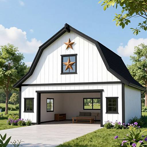Photorealistic CGI of a white, gable-roof garage with black trim, two star decorations, wooden bench, surrounded by lush greenery and