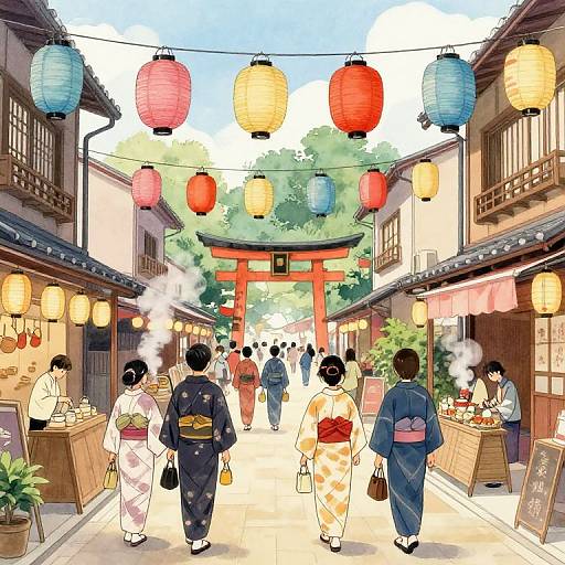 Traditional Japanese Market Watercolor Scene