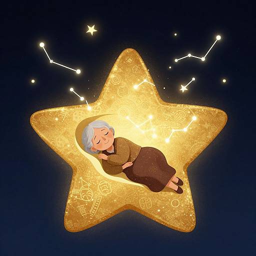 Digital illustration of an elderly woman with white hair, brown dress, and brown shawl, sleeping on a glowing golden star, surrounded by twinkling const