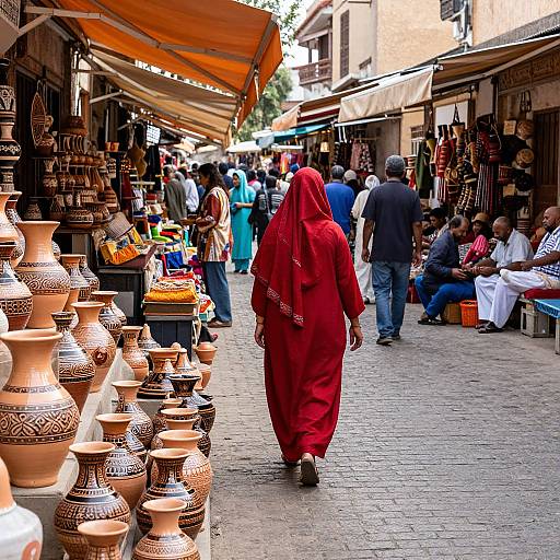 Photograph of a bustling Middle Eastern market street with a woman in a red hijab and long robe walking past rows of decorative pottery and shops under orange