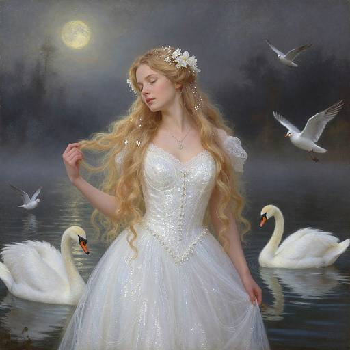 Dreamy digital painting of a blonde woman in a sparkling white dress, surrounded by swans, under a moonlit, misty night sky.