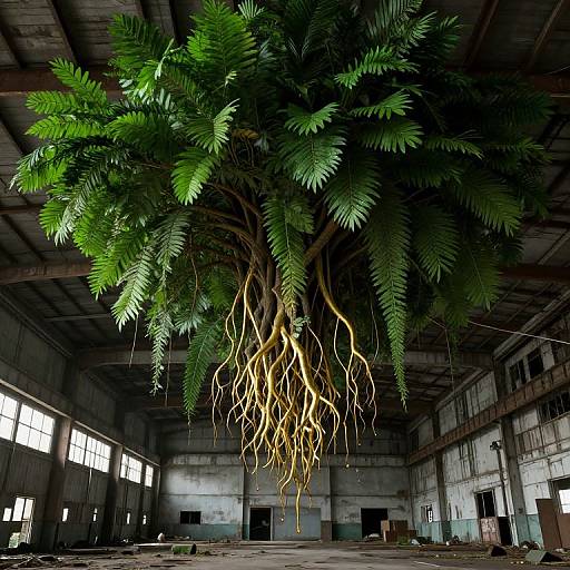 Photograph of a massive, green-leaved tree with exposed yellow roots hanging from a dark, industrial, warehouse ceiling with large windows.