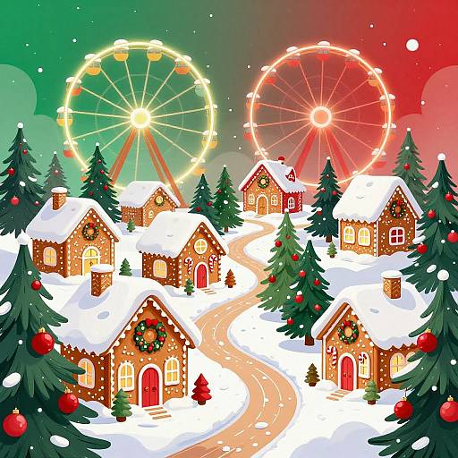 Bright, festive illustration of snow-covered Christmas houses with red doors, wreaths, and two glowing Ferris wheels in green-red gradient sky.