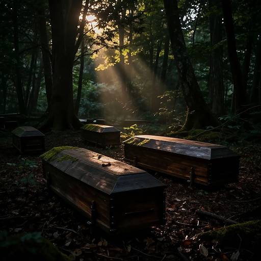 Photograph of dark forest with sunlight piercing through trees, illuminating four wooden coffins covered in moss, lying on forest floor.