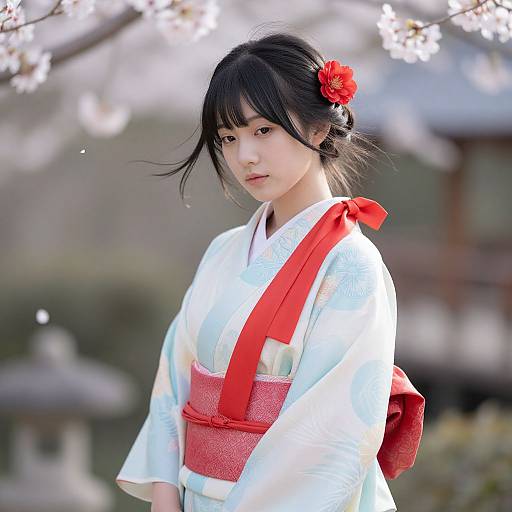 Japanese Woman in Traditional Kimono with Cherry Blossoms