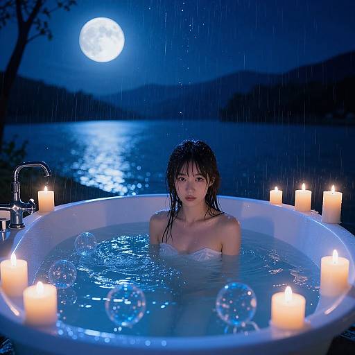 Photograph of a young, wet-haired Asian woman in a glowing blue-lit outdoor hot tub at night, surrounded by candles, under a full moon
