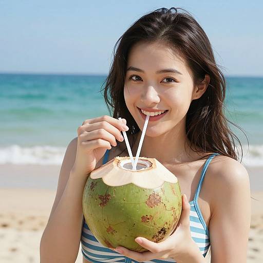 Asian woman with long black hair in blue-striped bikini, smiling, drinking from a green coconut with a white straw on a sunny beach.