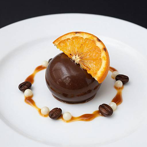 Photograph of a glossy dark chocolate truffle topped with a vibrant orange slice, surrounded by caramel drizzle, white pearls, and dark coffee beans on