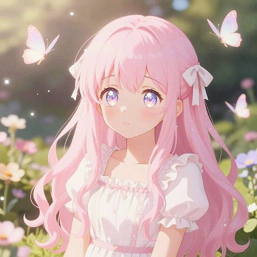 Anime-style digital illustration of a pink-haired girl with large blue eyes, wearing a white dress, surrounded by glowing butterflies in a sunny, colorful garden.