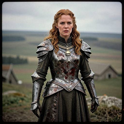 Photograph of a red-haired woman in stained medieval armor, standing in a rural, misty landscape with distant houses. Serious expression, armored chest and