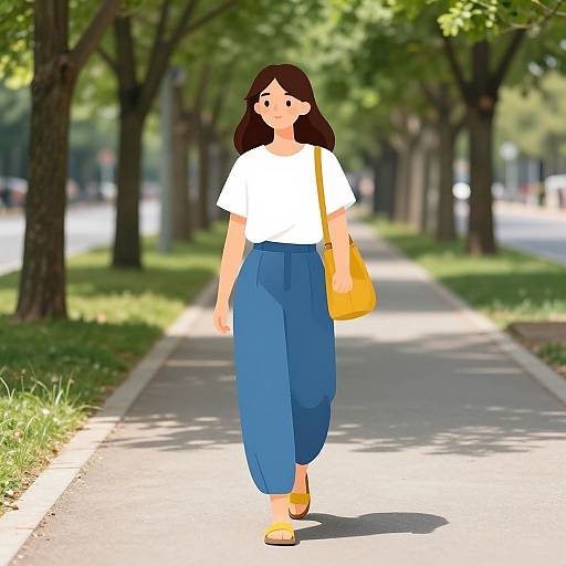 Digital illustration of a young woman with long brown hair, wearing a white t-shirt, high-waisted blue pants, yellow sandals, and an orange