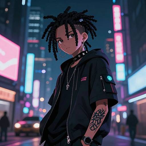 Night city street, anime-style digital art. Young woman with black dreadlocks, hoop earrings, black hoodie, arm tattoo, looking serious. Neon lights