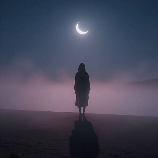 Silhouetted figure in long coat stands alone under a glowing crescent moon in a misty, purple-hued landscape. Digital art.