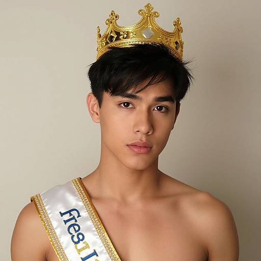 Photograph of a young Asian man with short black hair, wearing a gold crown, white sash with 