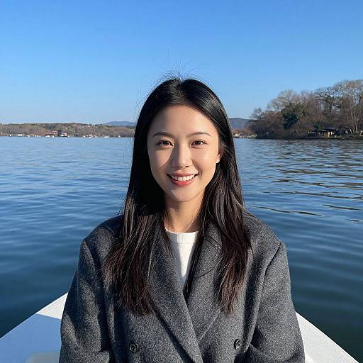 Photograph of an Asian woman with long black hair, smiling, wearing a gray blazer over a white top, seated on a boat on a calm