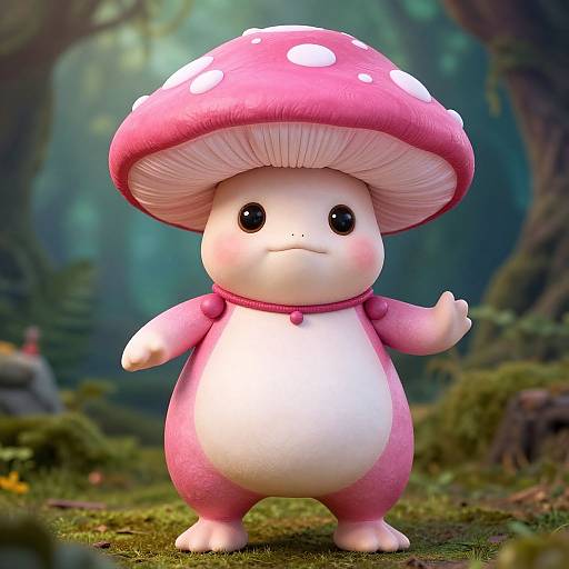 CGI digital art of a cute, pink and white mushroom creature with a large pink-spotted cap, standing in a lush forest.
