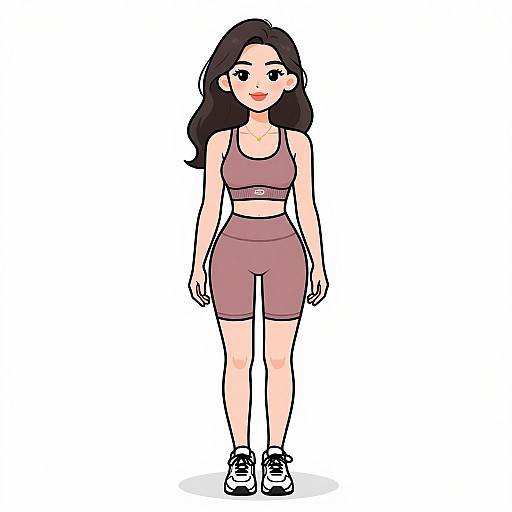 Digital illustration of a smiling, fair-skinned woman with long black hair, wearing a mauve sports bra and shorts, white sneakers, standing against a