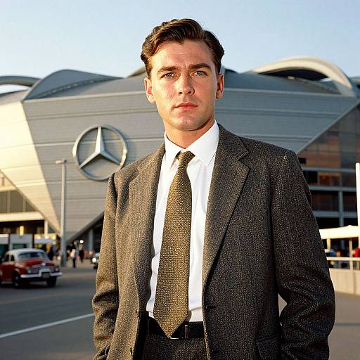 Photograph of a handsome Caucasian man with short brown hair, wearing a dark gray suit, white shirt, and black tie, standing in front of a