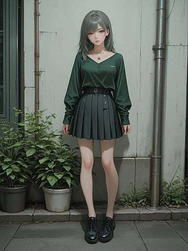 Digital anime-style drawing of a pale-skinned girl with long gray hair, green long-sleeve shirt, black skirt, and black shoes, standing