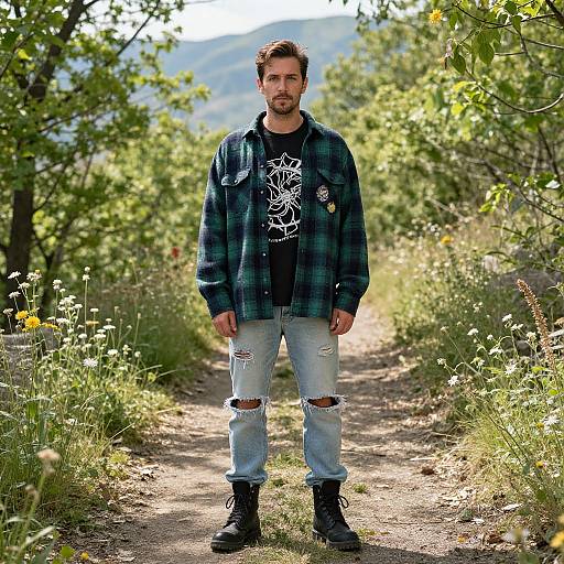 Photograph of a bearded man with short brown hair, wearing a plaid jacket, black graphic tee, ripped jeans, and black boots, standing