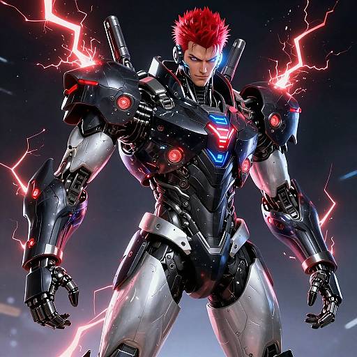 Digital illustration of a muscular, red-haired man in a black and silver, lightning-embossed, futuristic armor with red and blue accents, standing power