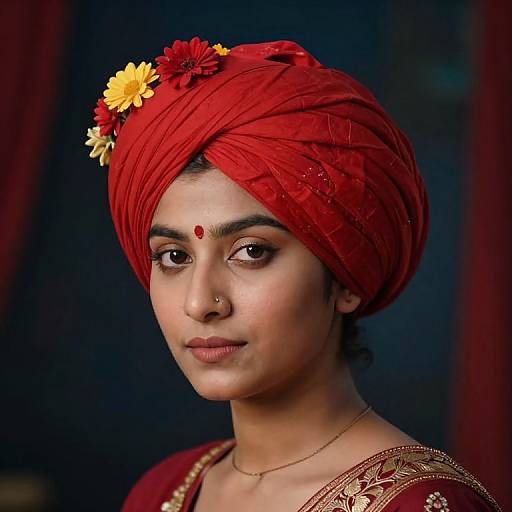 Vibrant Red Turban with Flowers
