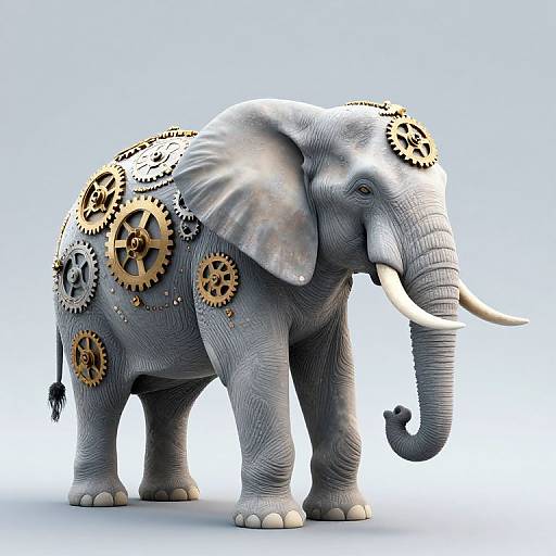 Digital artwork of a grey, textured elephant adorned with intricate, gold and silver gears on its body, standing against a light blue background. Steampunk