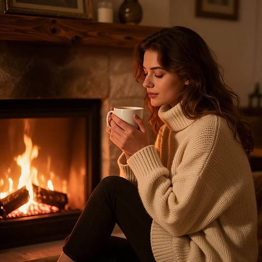 Photograph of a woman with long brown hair, wearing a cream knit turtleneck and black pants, sitting by a roaring fireplace, holding a white