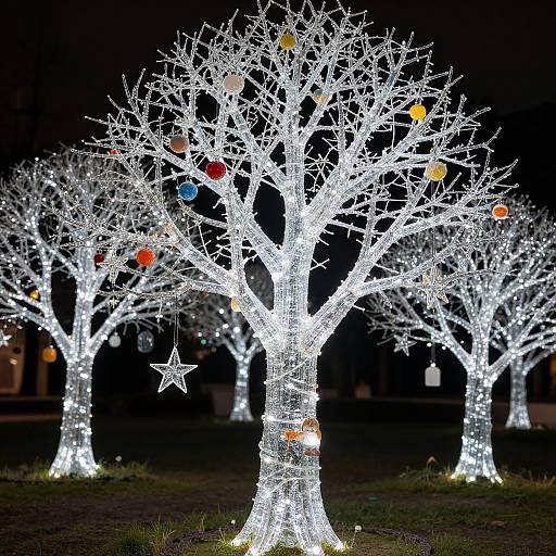 Photograph of glowing, white, leafless trees adorned with colorful Christmas ornaments, illuminated against a dark night background.