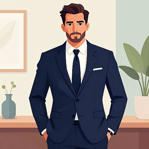 Digital illustration of a handsome, bearded man in a dark navy suit, white shirt, and black tie, standing with hands in pockets, in a