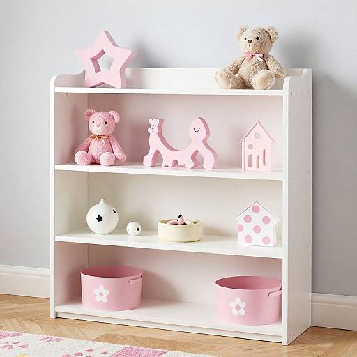 Photograph of a white, three-tiered children's shelf with pink and white toys, including a teddy bear, stars, giraffe, house