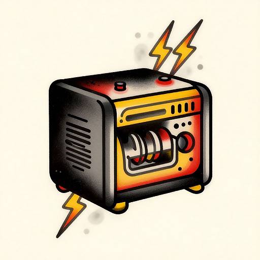 Cartoon-style illustration of a black and yellow electric heater with red knobs, emitting two yellow lightning bolts, set against a white background.