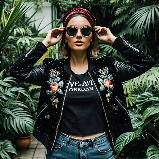Stylish woman in embroidered leather jacket in botanical garden