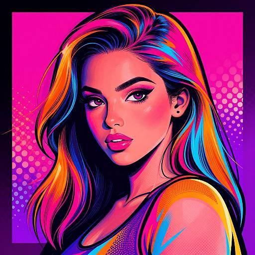 Vibrant digital pop art portrait of a woman with long, colorful hair, pink-purple background, bold lines, and vivid neon highlights.
