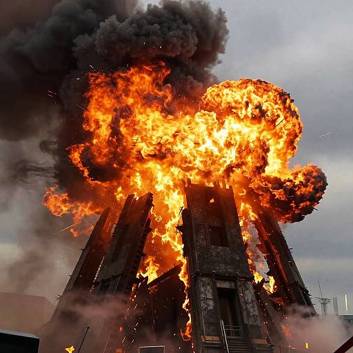 Fiery Explosion Amid Jagged Ruins