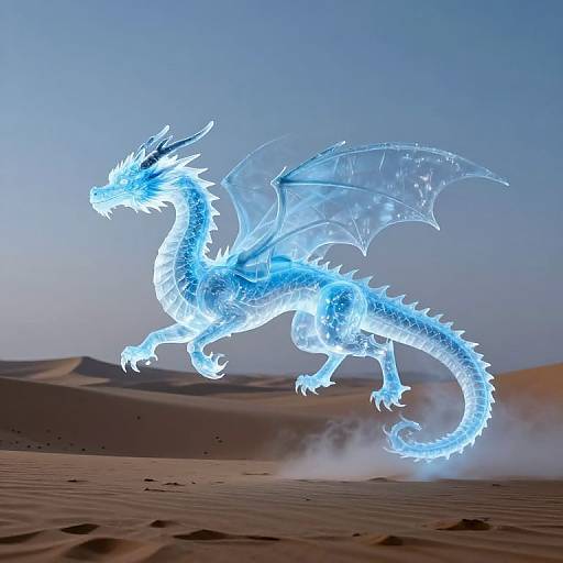 Photorealistic CGI of a glowing blue ethereal dragon with translucent wings, mid-leap over a desert landscape under a clear sky.