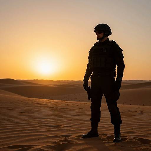 Photograph of a silhouetted soldier in full combat gear standing in a desert at sunset, with golden light and shadowed dunes in the