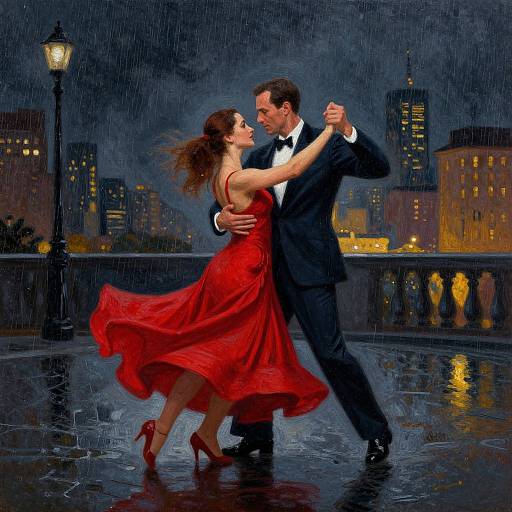 Oil painting of a dancing couple in a red dress and black tuxedo on a rainy city balcony at night.