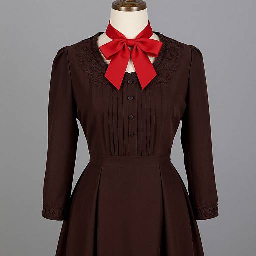 Photograph of a black vintage dress with long sleeves, lace collar, buttoned front, and a vibrant red bow tie on a white mannequin