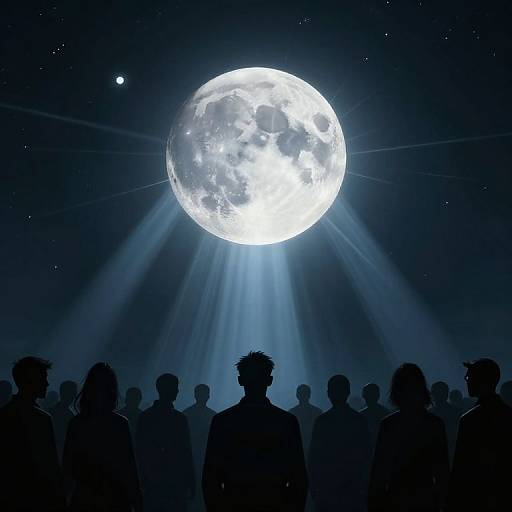 Silhouetted crowd under bright full moon, with starry night sky and beams of light, creating a mysterious, celestial atmosphere. Digital art.