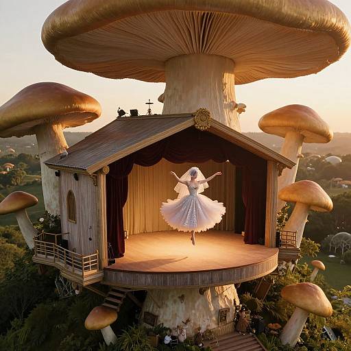 Photograph of a fairy tale scene with a ballerina in a white dress, twirling on a wooden stage atop giant mushrooms, at sunset,