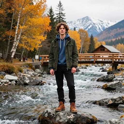Photograph of a young man with curly brown hair, wearing a green jacket, blue hoodie, black pants, and brown boots, standing on a rocky