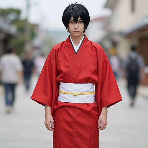 Photograph of an Asian man in a traditional red kimono with a white sash, standing in a blurred, busy urban street.