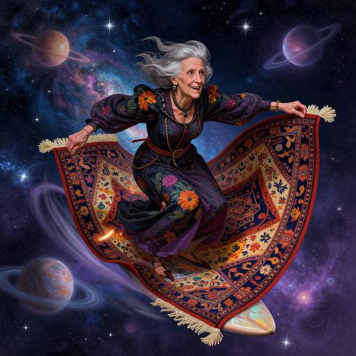 Elderly woman with white hair, floral dress, and Persian rug, flying through vibrant, starry space with planets and rings. Digital art.