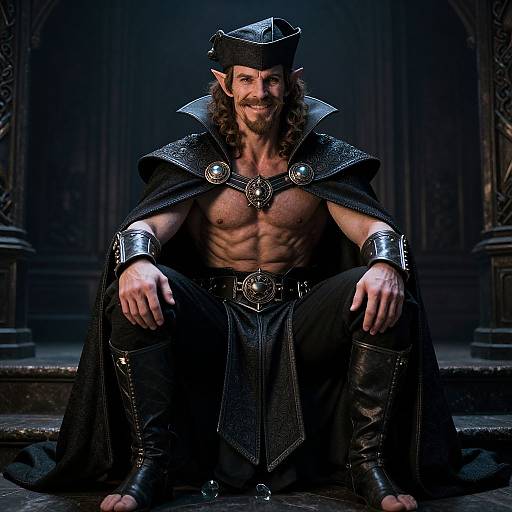 Photorealistic digital image of a muscular, bearded elf king with pointed ears, wearing a black crown, spiked shoulder armor, and leather pants,