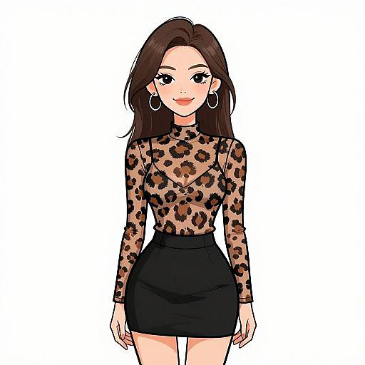 Digital illustration of a smiling Asian woman with long brown hair, wearing a leopard-print sheer top and black high-waisted skirt, large hoop earrings,