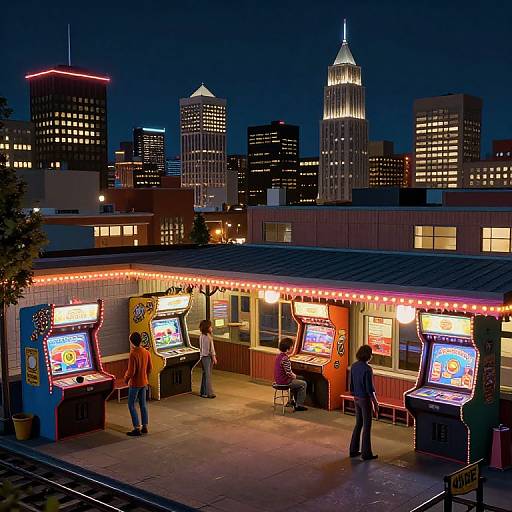 Nighttime cityscape photo of a rooftop arcade with neon-lit arcade games, six people playing, and illuminated skyscrapers in the background.