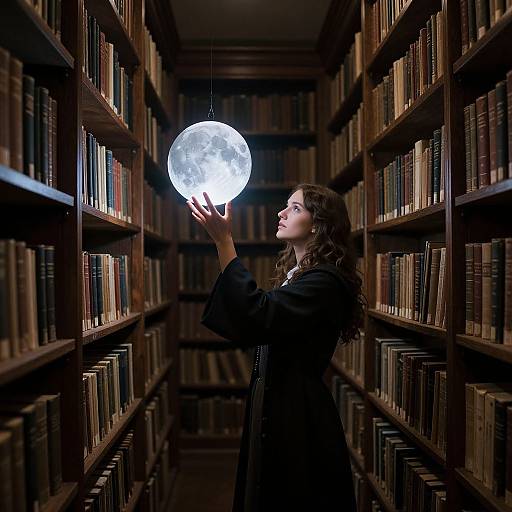 Photograph of a brunette woman in a black coat holding a glowing full moon in a dim, book-filled library aisle.