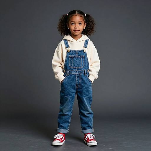 Photograph of a young African-American girl with curly hair, wearing a white hoodie, blue denim overalls, and red sneakers, standing against a dark