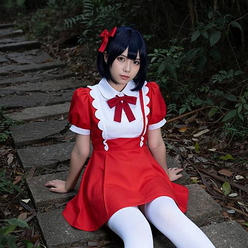 Photograph of an Asian woman with black hair, wearing a red and white cosplay dress with white stockings, sitting on stone steps in a forest.